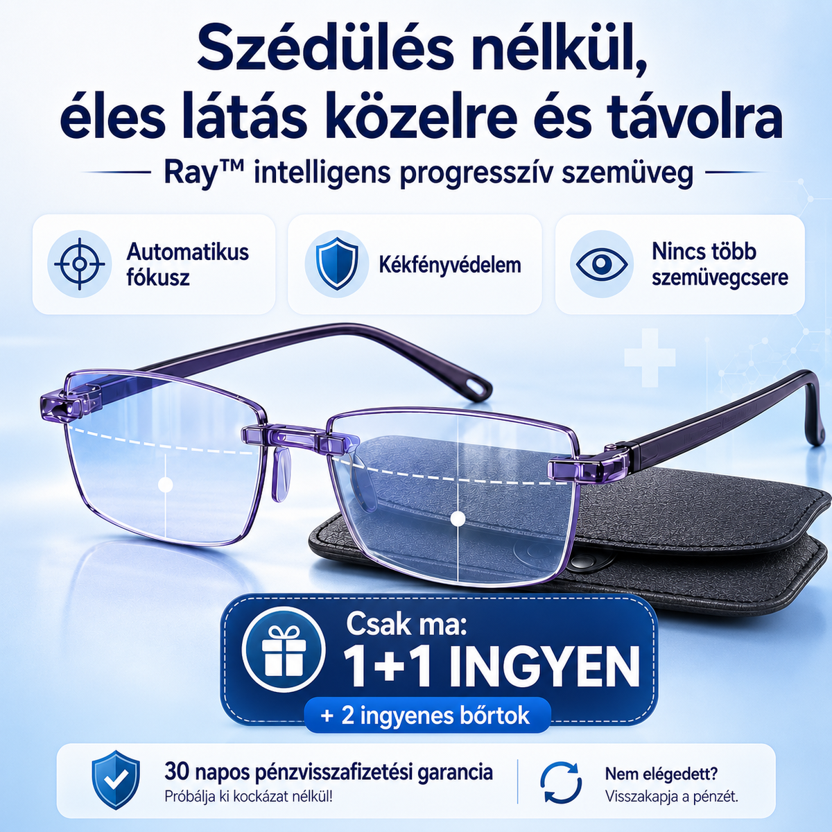 CSAK MA: 1+1 INGYEN! Intelligens Progresszív Szemüveg Ray™ l  Közelre Középtávolságra és Távolra | Kékfény és UV Védelem | AJÁNDÉK Bőr Tok | 30 Napos Garancia