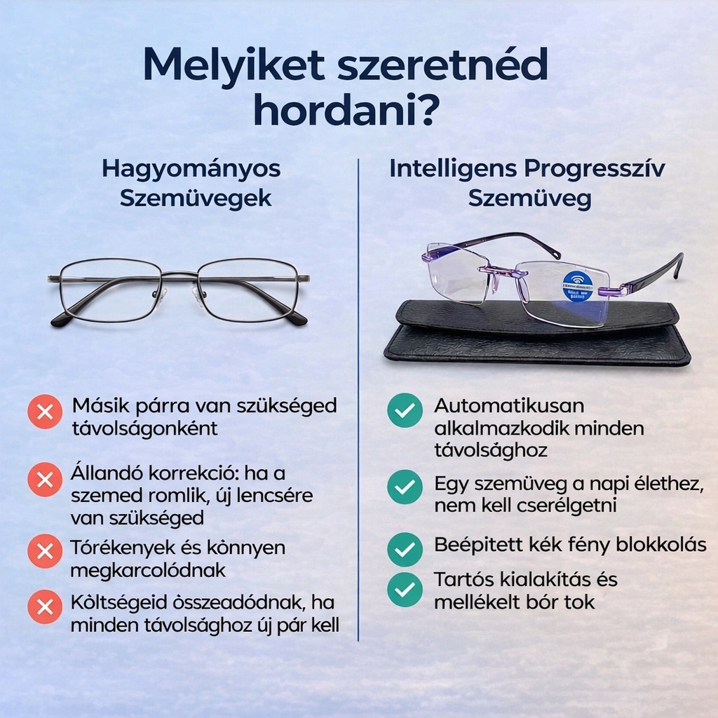 Ray™ Intelligens 3-az-1-ben Szemüveg: Éles Látás Közelre, Távolra és Köztes Távolságra | Önbeállító Lencsék Kékfény-szűrővel | Ideális Vezetéshez | AJÁNDÉK Bőrtok + 30 Napos Garancia