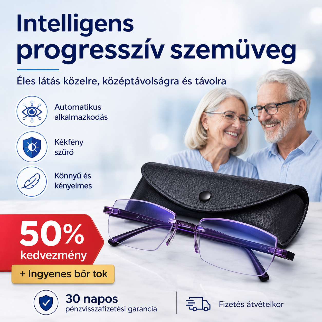 CSAK MA: 1+1 INGYEN! Intelligens Progresszív Szemüveg Ray™ l  Közelre Középtávolságra és Távolra | Kékfény és UV Védelem | AJÁNDÉK Bőr Tok | 30 Napos Garancia