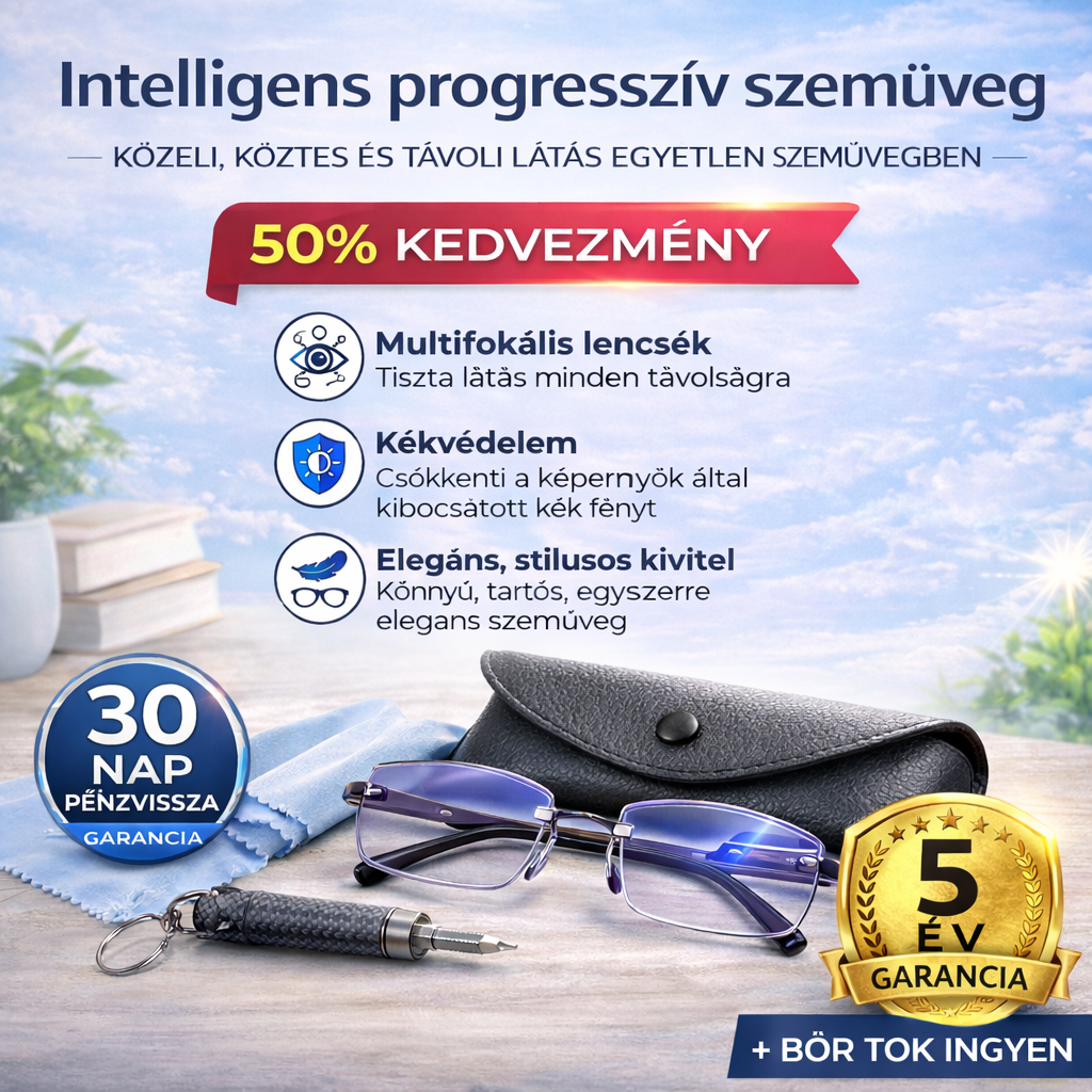 CSAK MA: 1+1 INGYEN! Intelligens Progresszív Szemüveg Ray™ l  Közelre Középtávolságra és Távolra | Kékfény és UV Védelem | AJÁNDÉK Bőr Tok | 30 Napos Garancia